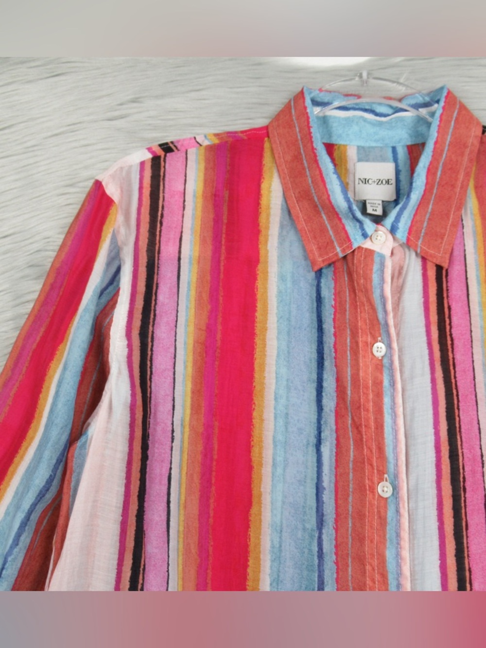 NIC+ZOE Horizon Breeze Multicolored Striped Button Front Shirt - Size Medium - Picture 7 of 11
